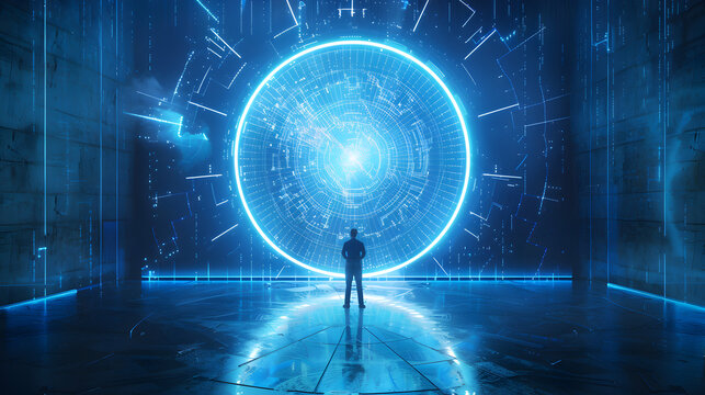 A person standing before a large glowing blue circular portal in a futuristic room