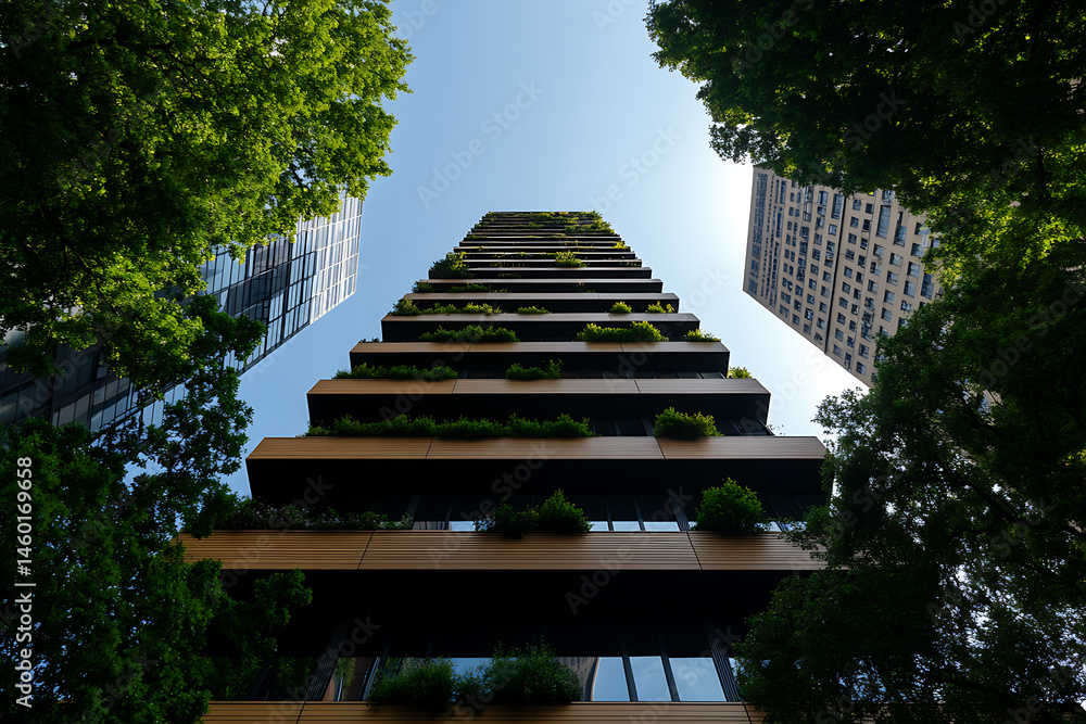 Aufkleber innovative green building with tiered gardens and modern architecture. skyward view emphasizing desi