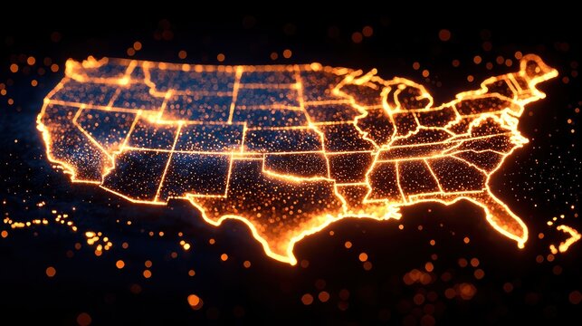 Glowing map of the US, highlighting states with vibrant energy