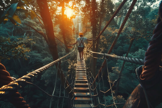 Tree Top Trekking Adventure – People Navigating High Ropes Course Among Forest Canopy - Powered by Adobe