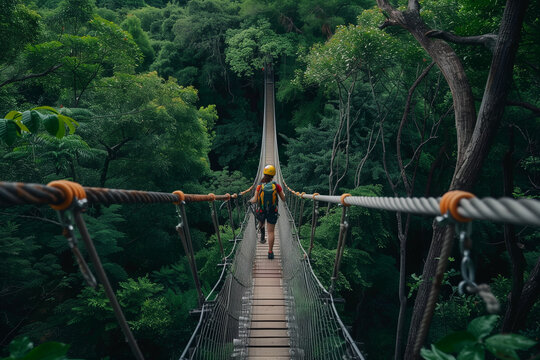 Tree Top Trekking Adventure – People Navigating High Ropes Course Among Forest Canopy