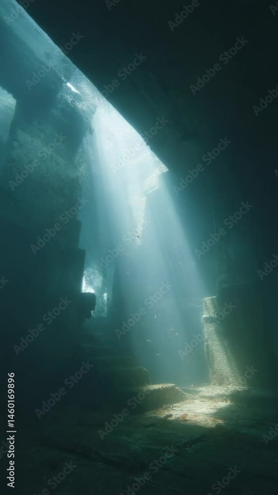 Poster underwater ruins evoke mystery with submerged structure and sunbeams filtering through the water, cr