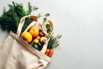 Fresh fruits and vegetables in a reusable bag on a white marble background