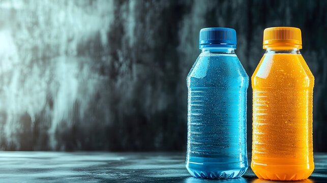 Blue and yellow sport beverage bottles on grey background with copy space for isotonic energy drink.