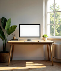 A minimalist wooden desk in a quiet, natural office setting with soft morning light filtering through the translucent window pane. Depth of field showcasing the worn wooden surface, soft shadows on th