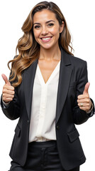 Smiling businesswoman giving thumbs up, transparent background.