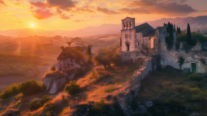 Hillside old monastery building ruins. Silhouette of histoical abandoned vintage castle, tower architecture the mountains st sunset. Medieval cultural heritage scenic site natural view