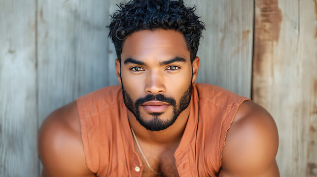 Close-up of a strikingly handsome man with curly dark hair and a well-groomed beard against wood.