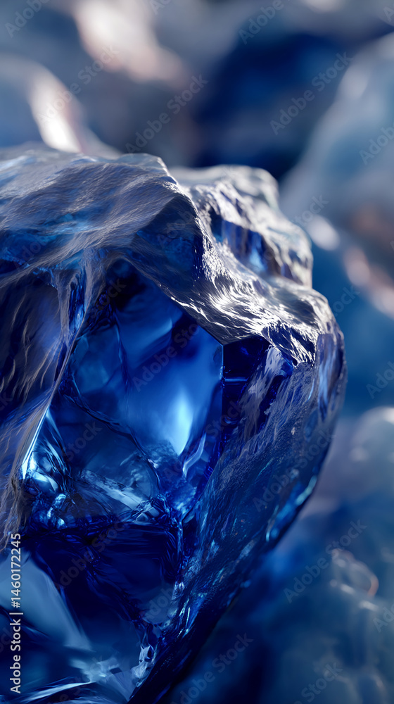 Poster close-up of a deep blue, translucent crystal texture, showcasing a rough, faceted surface. represent
