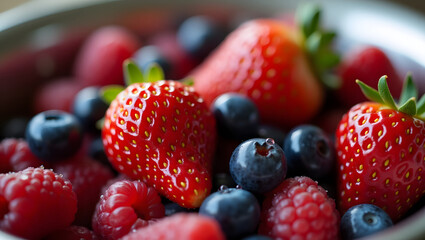 Obraz premium A close-up of freshly washed strawberries, blueberries, and raspberries in a metal colander, water droplets visible, with soft natural light highlighting freshness and juiciness. 