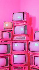 Pink aesthetic, retro TVs stacked on top of each other, vibrant pink background, vintage, retro, 80s style, aesthetic vibe