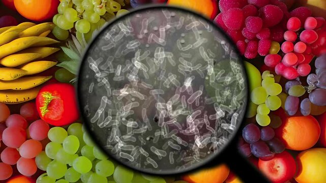 Magnified View of Bacteria on Fresh Fruits and Vegetables Highlighting Food Safety Concerns