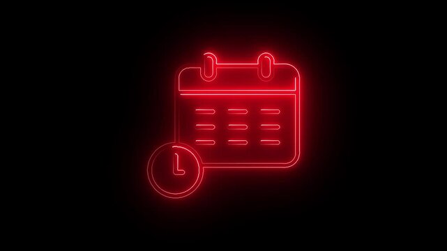 A glowing neon calendar icon animation. neon Animated date calender with clock icon concept.