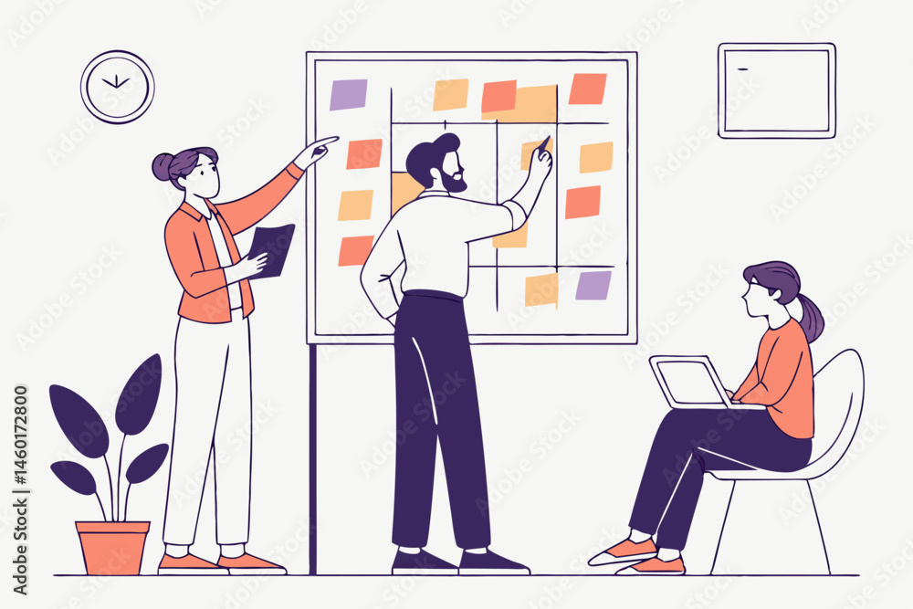 Poster team brainstorming session using sticky notes on a whiteboard