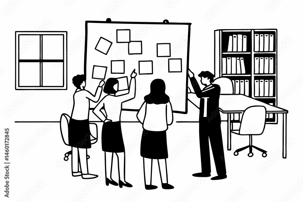 Poster team brainstorming session around a whiteboard with sticky notes
