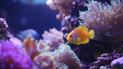Obraz premium Vibrant Orange Clownfish Swimming in a Lush Colorful Coral Reef Aquatic Scene Underwater Tropical Ocean Nature Photography High Resolution Image sea art blue pink dark life stock light 