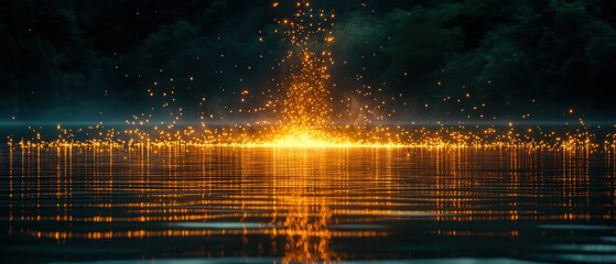 Glowing particles rise from calm water, reflecting light and creating a magical, surreal scene