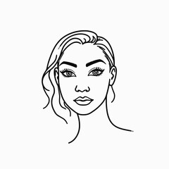 young woman with wavy hair and elegant features in minimalist line art style for beauty concept