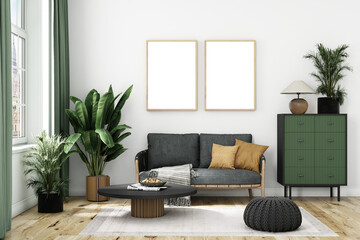 living room frame mockup and two wood frame, 3d render