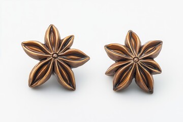Two star anise spice ornaments.  Detailed, decorative star anise shapes, rich brown hue,  symmetrical design