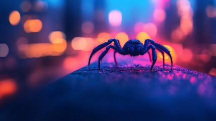 Arachnid silhouette in urban twilight, a nocturnal wonder in focus