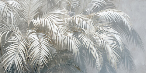 Off-white palm fronds against a gray background, casting delicate shadows.  Showcase of minimalist tropical design, ideal for serene aesthetics