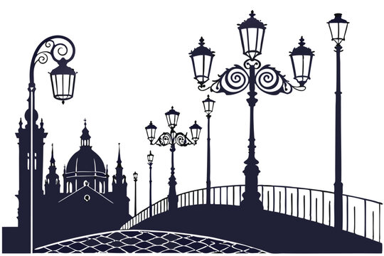 101 Black silhouettes, vintage street lamps, ornate lanterns, Victorian-era lighting, decorative lamp posts, urban design elements, classic outdoor illumination, cast iron details, architectural fixtu