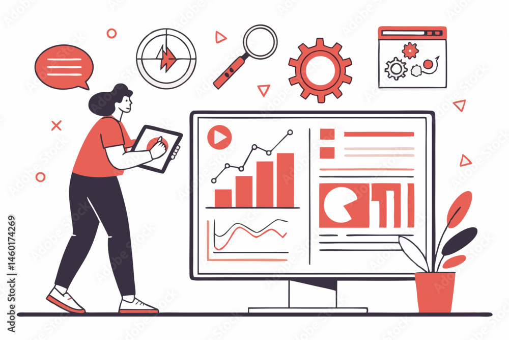Poster woman analyzing data on a large computer screen showing business growth charts and graphs