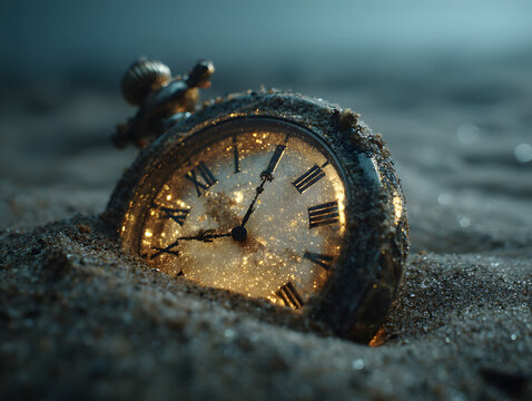 Clock submerged halfway in sand no hands on face  - Powered by Adobe