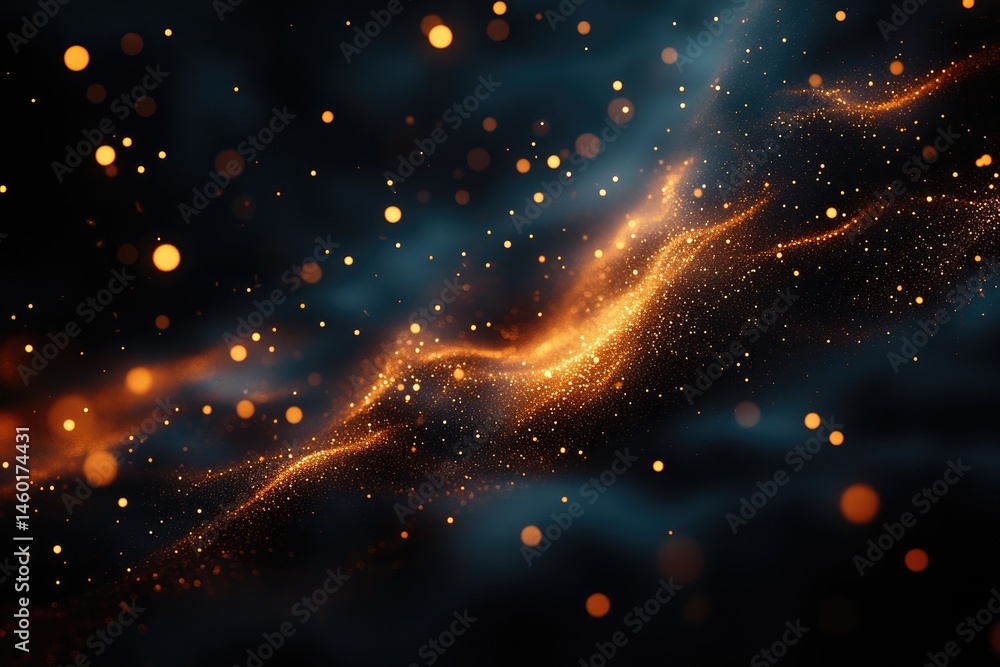 Poster dynamic abstract design of swirling particles in dark space.