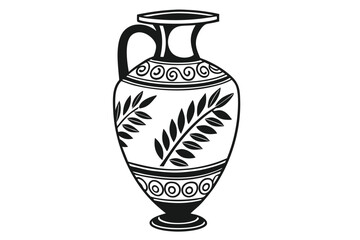 103 Ancient pottery, Greek amphora, black silhouette, decorative pattern, leaf motif, geometric design, white background, minimalist illustration, ornate jug, traditional ceramic, symmetrical composit