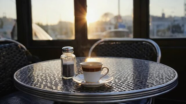 Outdoor cafe table with coffee at sunrise