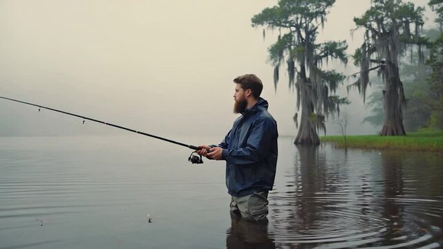 Man fishing in foggy swamp