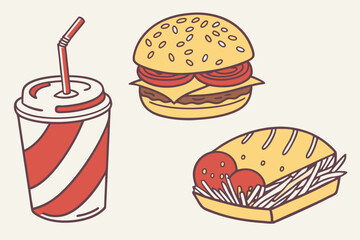 Fast Food Illustration Set Burger Soda and Sub Sandwich