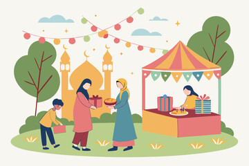 Fototapeta premium Eid al-Fitr Celebration Family Sharing Gifts and Treats near Mosque
