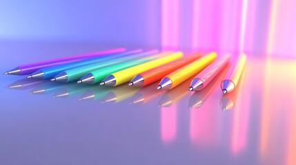 Set of Colorful Gel Pens on Reflective Surface &ndash; 3D Render in Neon Lighting