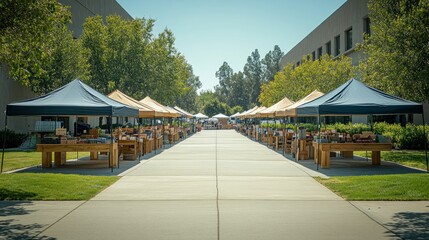 Outdoor Market Stalls Line Campus Walkway