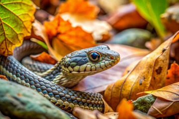 Obraz premium A snake camouflaged among leaves or rocks, nearly invisible