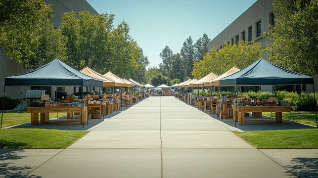 Outdoor Market Stalls Line Campus Walkway