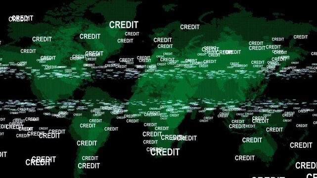 Depicts a digital map of the world overlaid with credit symbols and data