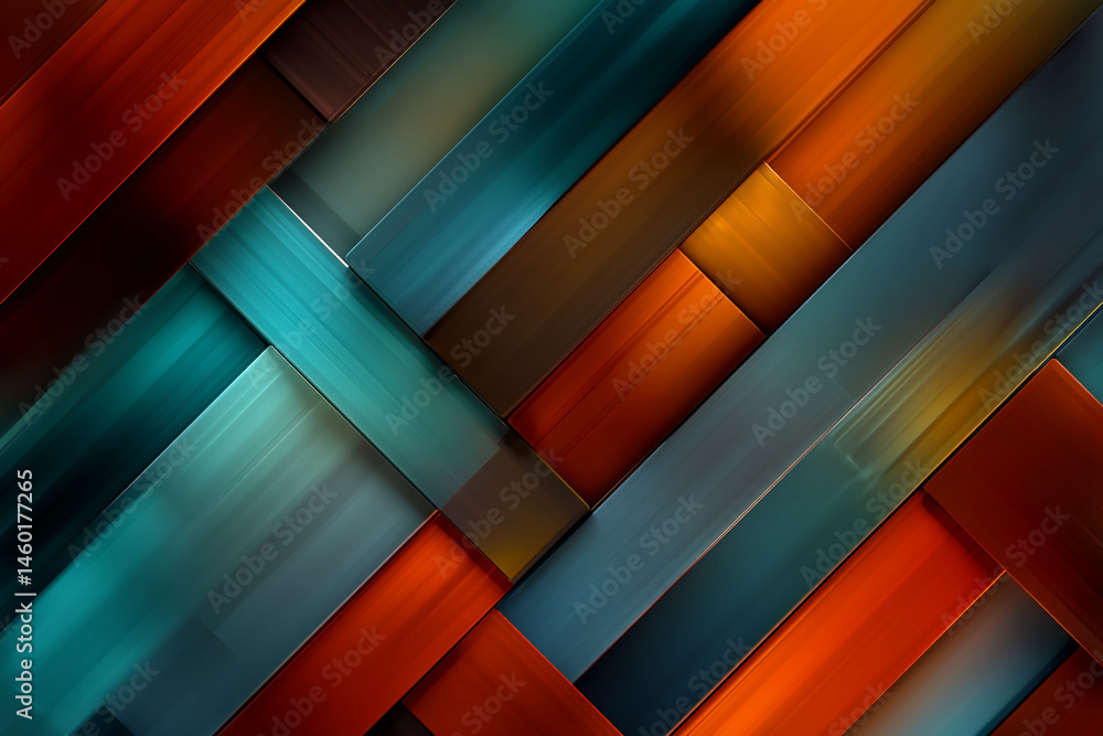 Poster Abstract image of intersecting teal, orange, and brown stripes creating a dynamic, geometric pattern Suitable for modern design projects or as a background