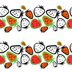 Juicy strawberries and watermelon in an animated style, a smooth pattern, a seamless border.