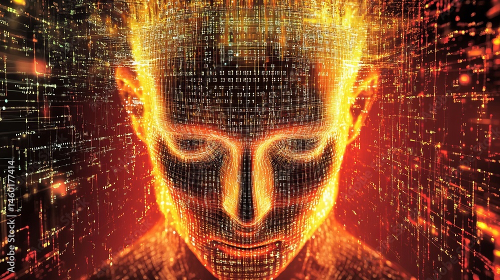 Aufkleber digital human face abstract fiery orange and yellow glowing lines network technology artificial inte