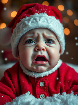 Crybaby in red Christmas cap is naughty and crying