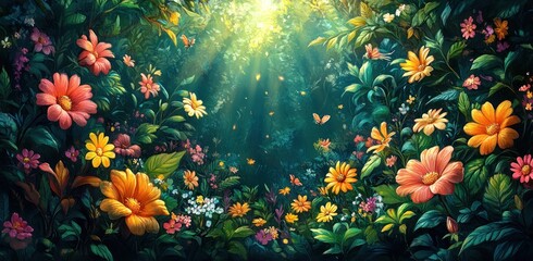 Sunlit Forest Flowers Vibrant blooms in a lush jungle, dappled sunlight, ideal for nature themes