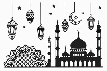 105 Arabic lanterns, Islamic architecture, silhouettes, ornate designs, Ramadan decorations, black and white, geometric patterns, hanging lamps, oriental style, intricate details, traditional Middle E