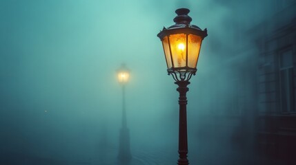 Foggy night illuminated by vintage street lamps.