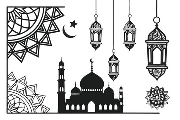 105 Arabic lanterns, Islamic architecture, silhouettes, ornate designs, Ramadan decorations, black and white, geometric patterns, hanging lamps, oriental style, intricate details, traditional Middle E