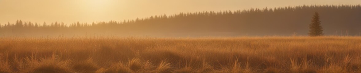 Fototapeta premium Autumnal field; lone fir, brown grasses, golden light, picture, harvest, landscape