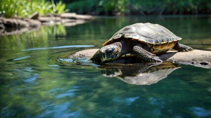 Fototapeta premium Turtle drinking water by a riverbank